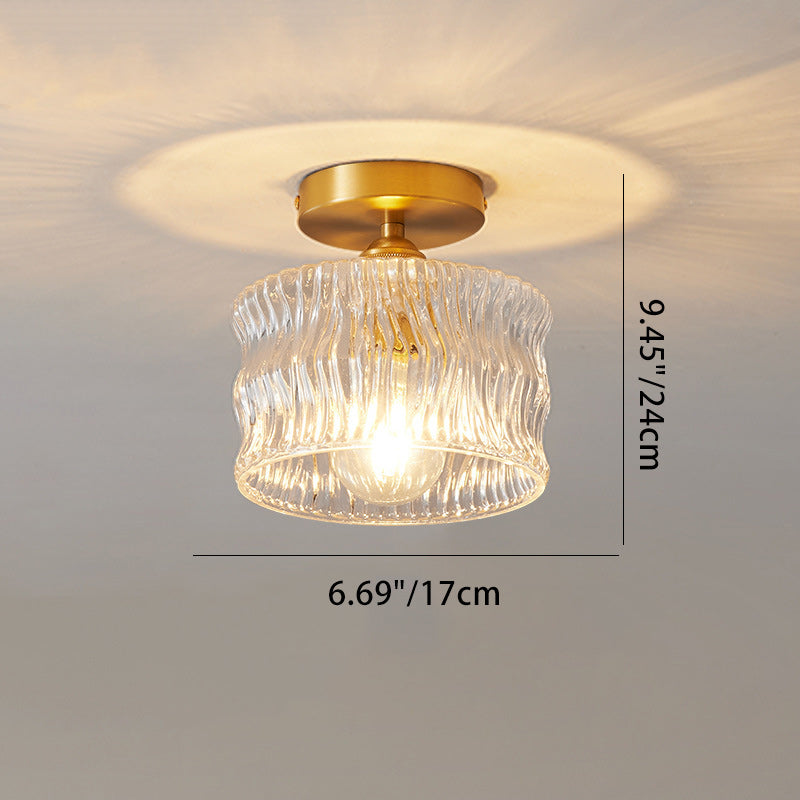 Traditional Japanese Brass Glass Bowl Cylinder Ripple 1-Light Semi-Flush Mount Ceiling Light For Hallway