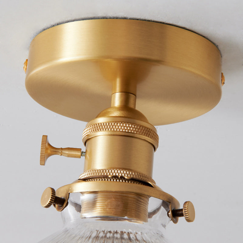 Traditional Japanese Brass Glass Bowl Cylinder Ripple 1-Light Semi-Flush Mount Ceiling Light For Hallway