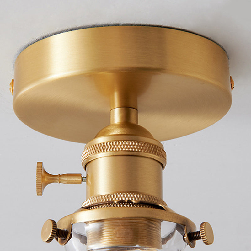 Traditional Japanese Brass Glass Bowl Cylinder Ripple 1-Light Semi-Flush Mount Ceiling Light For Hallway