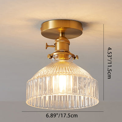 Traditional Japanese Brass Glass Bowl Cylinder Ripple 1-Light Semi-Flush Mount Ceiling Light For Hallway