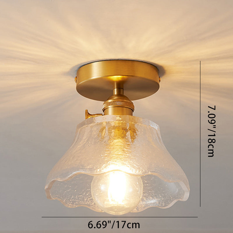 Traditional Japanese Brass Glass Bowl Cylinder Ripple 1-Light Semi-Flush Mount Ceiling Light For Hallway