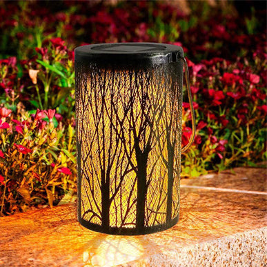 Modern Art Deco Solar Waterproof Hollowed Tree Cylinder Iron LED Landscape Lighting Outdoor Light For Garden