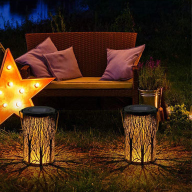 Modern Art Deco Solar Waterproof Hollowed Tree Cylinder Iron LED Landscape Lighting Outdoor Light For Garden