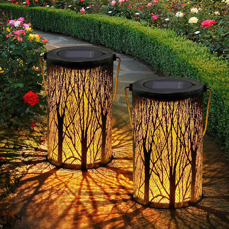 Modern Art Deco Solar Waterproof Hollowed Tree Cylinder Iron LED Landscape Lighting Outdoor Light For Garden