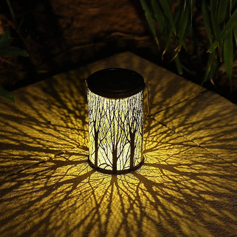 Modern Art Deco Solar Waterproof Hollowed Tree Cylinder Iron LED Landscape Lighting Outdoor Light For Garden