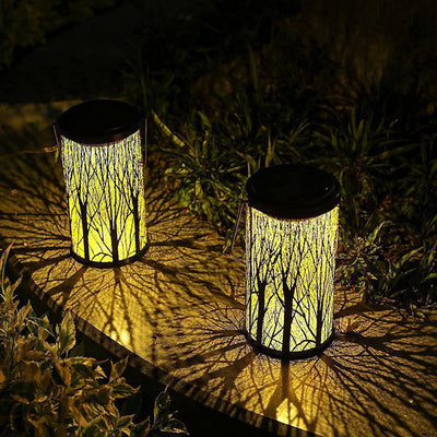 Modern Art Deco Solar Waterproof Hollowed Tree Cylinder Iron LED Landscape Lighting Outdoor Light For Garden