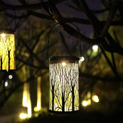 Modern Art Deco Solar Waterproof Hollowed Tree Cylinder Iron LED Landscape Lighting Outdoor Light For Garden