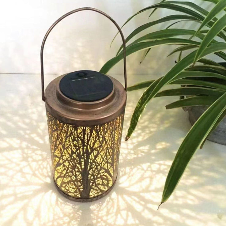 Modern Art Deco Solar Waterproof Hollowed Tree Cylinder Iron LED Landscape Lighting Outdoor Light For Garden