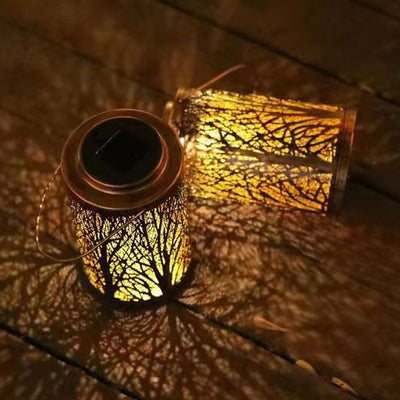 Modern Art Deco Solar Waterproof Hollowed Tree Cylinder Iron LED Landscape Lighting Outdoor Light For Garden