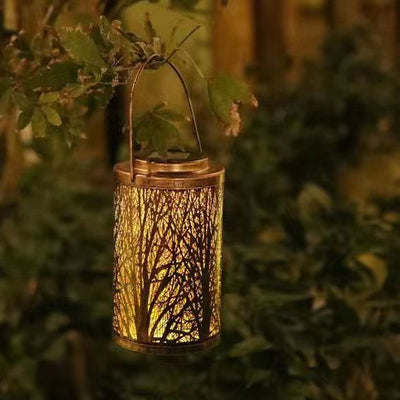 Modern Art Deco Solar Waterproof Hollowed Tree Cylinder Iron LED Landscape Lighting Outdoor Light For Garden