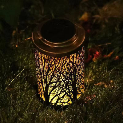 Modern Art Deco Solar Waterproof Hollowed Tree Cylinder Iron LED Landscape Lighting Outdoor Light For Garden