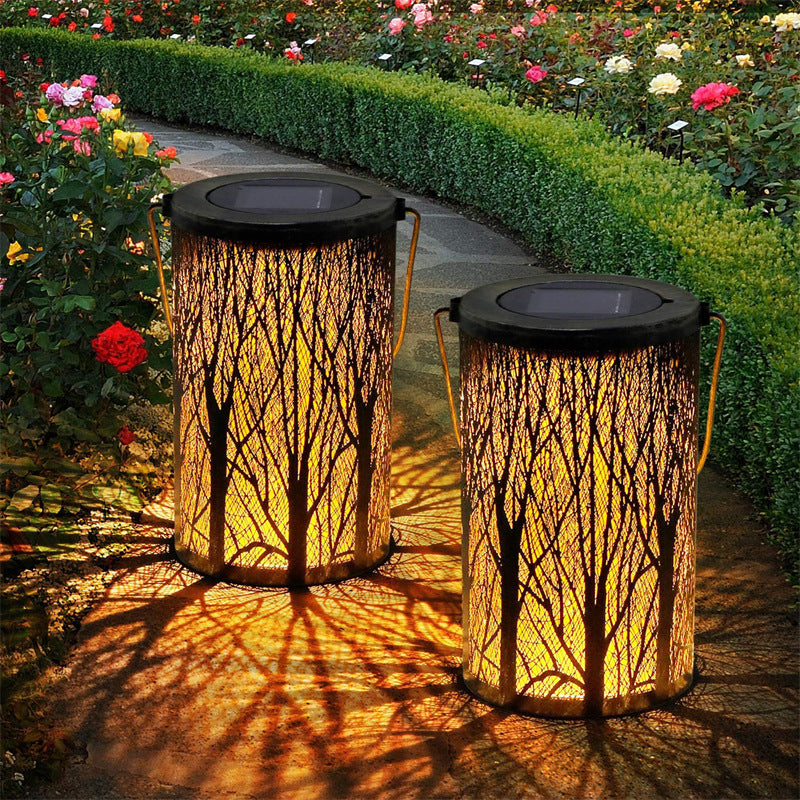 Modern Art Deco Solar Waterproof Hollowed Tree Cylinder Iron LED Landscape Lighting Outdoor Light For Garden