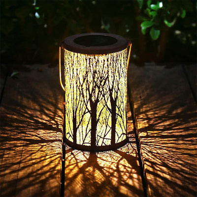 Modern Art Deco Solar Waterproof Hollowed Tree Cylinder Iron LED Landscape Lighting Outdoor Light For Garden