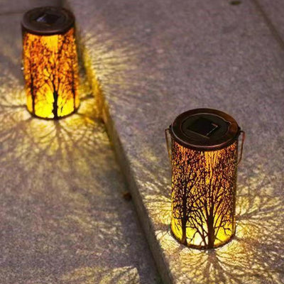 Modern Art Deco Solar Waterproof Hollowed Tree Cylinder Iron LED Landscape Lighting Outdoor Light For Garden