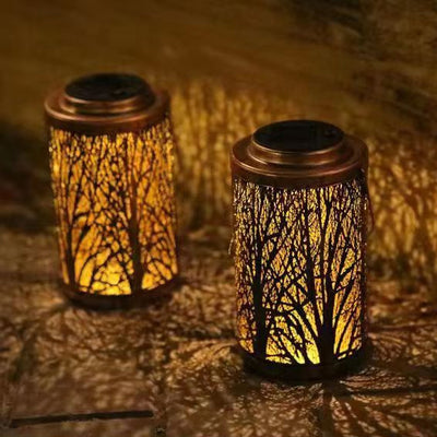 Modern Art Deco Solar Waterproof Hollowed Tree Cylinder Iron LED Landscape Lighting Outdoor Light For Garden