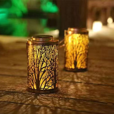 Modern Art Deco Solar Waterproof Hollowed Tree Cylinder Iron LED Landscape Lighting Outdoor Light For Garden