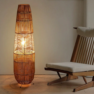 Traditional Japanese Weaving Bamboo Column Basket 1-Light Standing Floor Lamp For Living Room