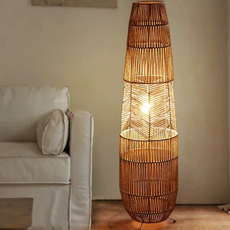 Traditional Japanese Weaving Bamboo Column Basket 1-Light Standing Floor Lamp For Living Room