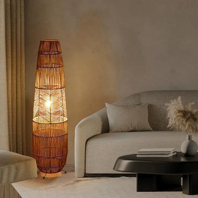 Traditional Japanese Weaving Bamboo Column Basket 1-Light Standing Floor Lamp For Living Room