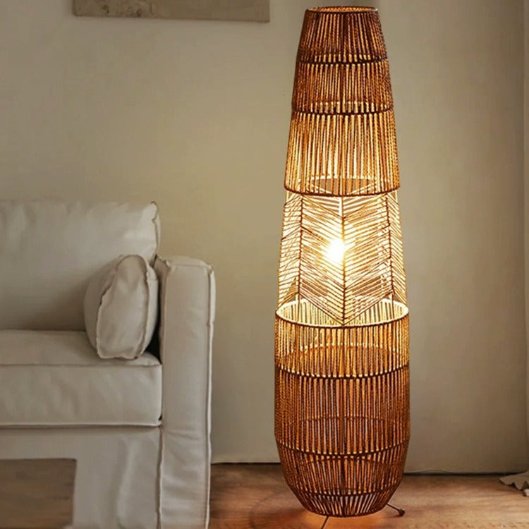 Traditional Japanese Weaving Bamboo Column Basket 1-Light Standing Floor Lamp For Living Room