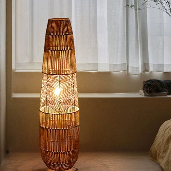 Traditional Japanese Weaving Bamboo Column Basket 1-Light Standing Floor Lamp For Living Room