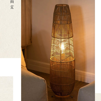 Traditional Japanese Weaving Bamboo Column Basket 1-Light Standing Floor Lamp For Living Room