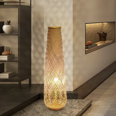 Contemporary Boho Handmade Weaving Bamboo Column Lantern 1-Light Standing Floor Lamp For Living Room