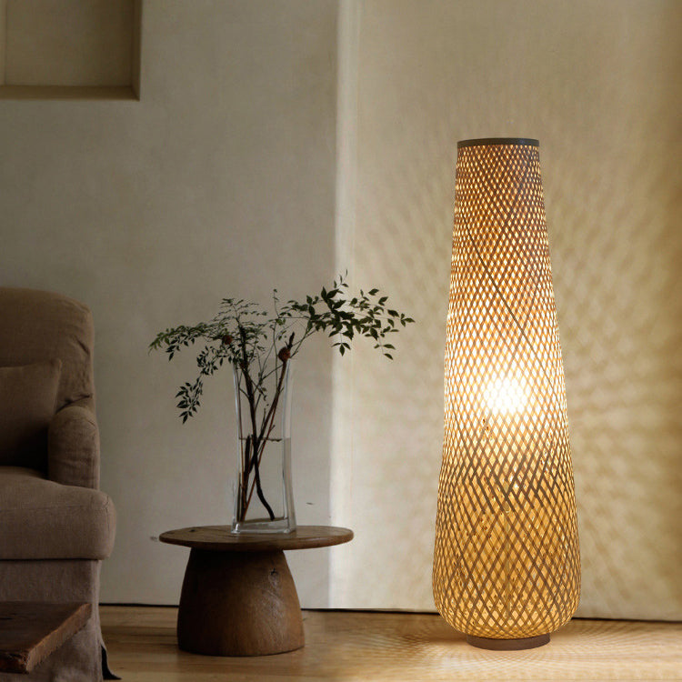 Contemporary Boho Handmade Weaving Bamboo Column Lantern 1-Light Standing Floor Lamp For Living Room