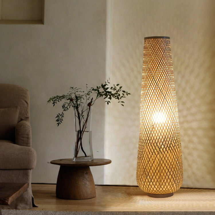 Contemporary Boho Handmade Weaving Bamboo Column Lantern 1-Light Standing Floor Lamp For Living Room