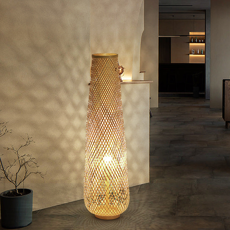 Contemporary Boho Handmade Weaving Bamboo Column Lantern 1-Light Standing Floor Lamp For Living Room