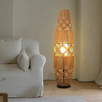 Traditional Japanese Handmade Weaving Hemp Rope Column Lozenge Pattern 1-Light Standing Floor Lamp For Living Room