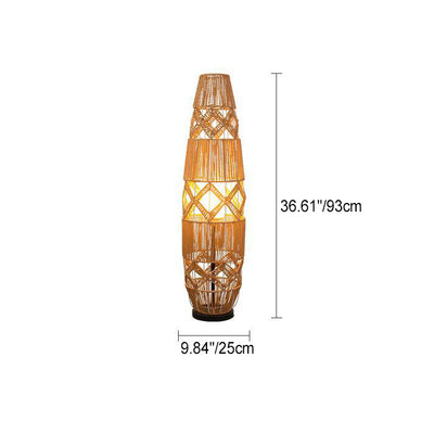 Traditional Japanese Handmade Weaving Hemp Rope Column Lozenge Pattern 1-Light Standing Floor Lamp For Living Room