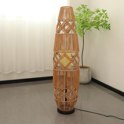 Traditional Japanese Handmade Weaving Hemp Rope Column Lozenge Pattern 1-Light Standing Floor Lamp For Living Room