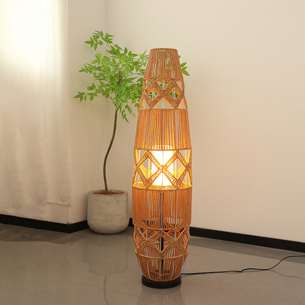 Traditional Japanese Handmade Weaving Hemp Rope Column Lozenge Pattern 1-Light Standing Floor Lamp For Living Room