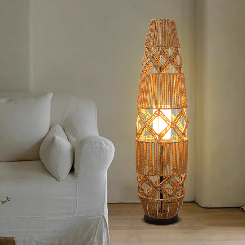 Traditional Japanese Handmade Weaving Hemp Rope Column Lozenge Pattern 1-Light Standing Floor Lamp For Living Room