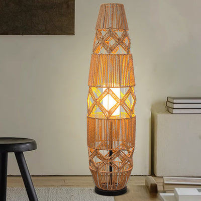 Traditional Japanese Handmade Weaving Hemp Rope Column Lozenge Pattern 1-Light Standing Floor Lamp For Living Room