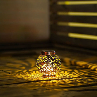 Contemporary Retro Solar Waterproof Iron Ball Hollowed Lantern Hanging LED Landscape Lighting Outdoor Light For Garden