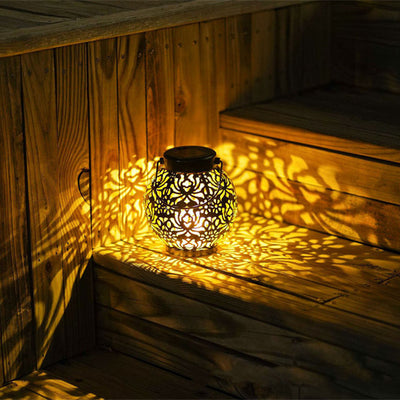 Contemporary Retro Solar Waterproof Iron Ball Hollowed Lantern Hanging LED Landscape Lighting Outdoor Light For Garden