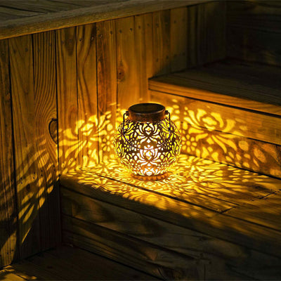 Contemporary Retro Solar Waterproof Iron Ball Hollowed Lantern Hanging LED Landscape Lighting Outdoor Light For Garden