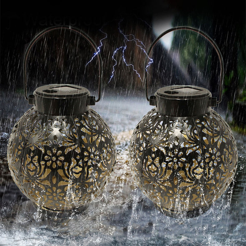 Contemporary Retro Solar Waterproof Iron Ball Hollowed Lantern Hanging LED Landscape Lighting Outdoor Light For Garden