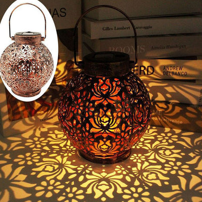 Contemporary Retro Solar Waterproof Iron Ball Hollowed Lantern Hanging LED Landscape Lighting Outdoor Light For Garden