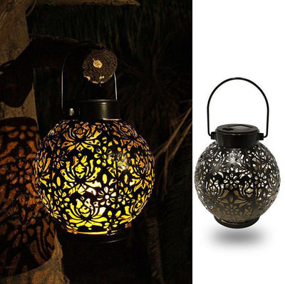 Contemporary Retro Solar Waterproof Iron Ball Hollowed Lantern Hanging LED Landscape Lighting Outdoor Light For Garden