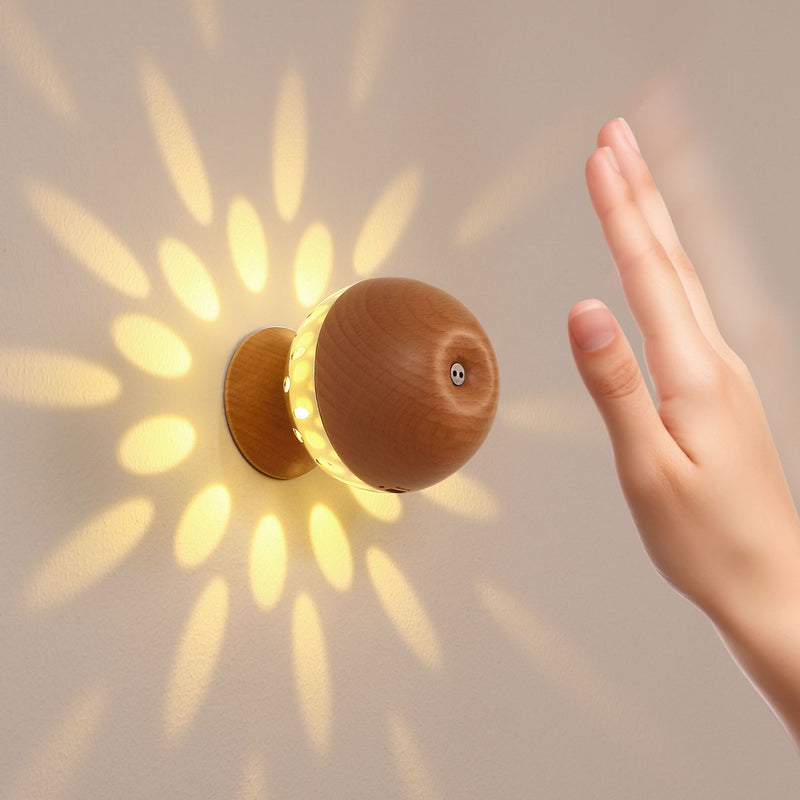 Modern Simplicity Wood Metal Rechargeable Gesture Control Ball Hollowed LED Wall Sconce Lamp Night Light For Bedside