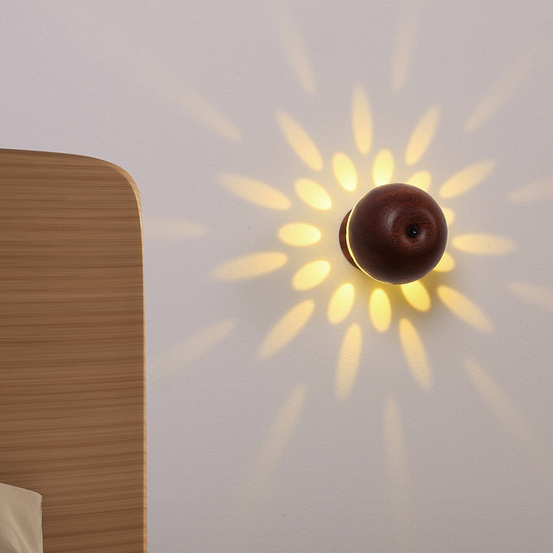 Modern Simplicity Wood Metal Rechargeable Gesture Control Ball Hollowed LED Wall Sconce Lamp Night Light For Bedside