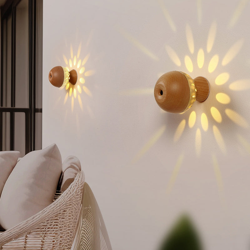 Modern Simplicity Wood Metal Rechargeable Gesture Control Ball Hollowed LED Wall Sconce Lamp Night Light For Bedside