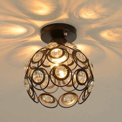 Contemporary Nordic Iron Crystal Ball Round Piece 1-Light Semi-Flush Mount Ceiling Light For Hallway