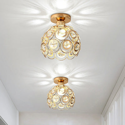 Contemporary Nordic Iron Crystal Ball Round Piece 1-Light Semi-Flush Mount Ceiling Light For Hallway