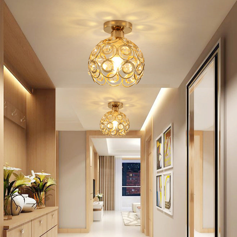 Contemporary Nordic Iron Crystal Ball Round Piece 1-Light Semi-Flush Mount Ceiling Light For Hallway