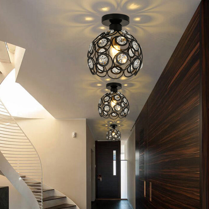 Contemporary Nordic Iron Crystal Ball Round Piece 1-Light Semi-Flush Mount Ceiling Light For Hallway