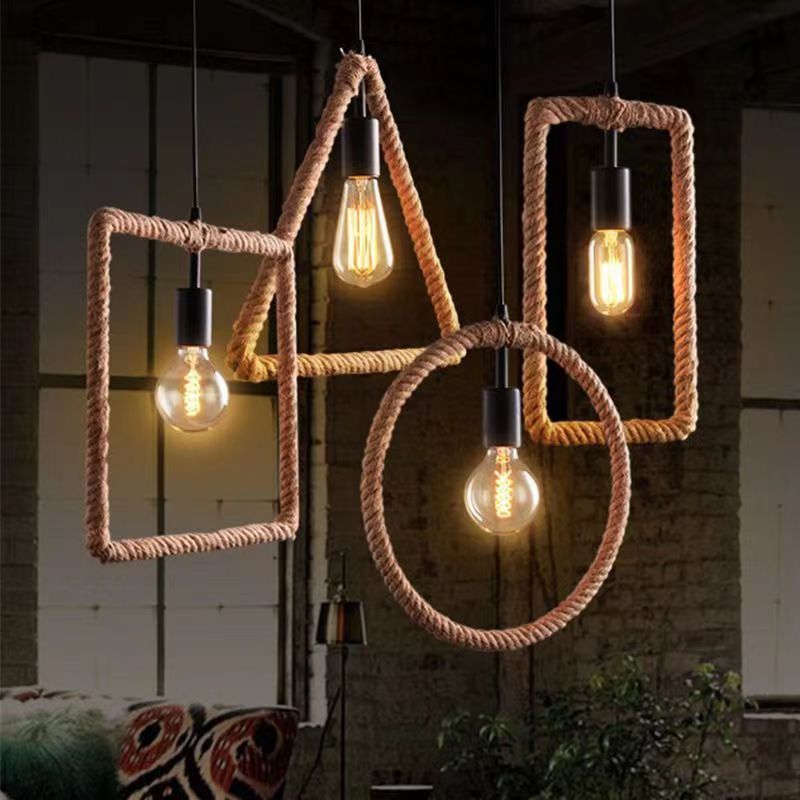 Contemporary Industrial Hemp Rope Geometric Square Round Rectangular Triangle 1-Light Pendant Light For Dining Room